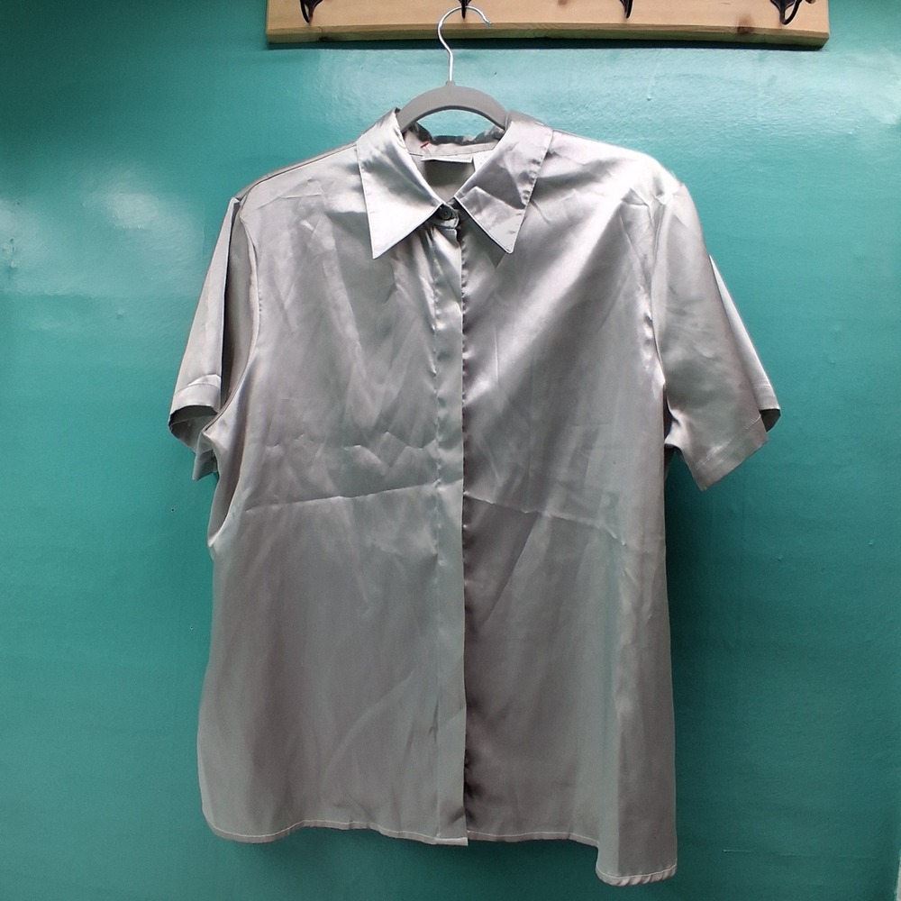 Worthington Essentials Blouse 16 Silver Satin Short Sleeve Button Up Silky Top